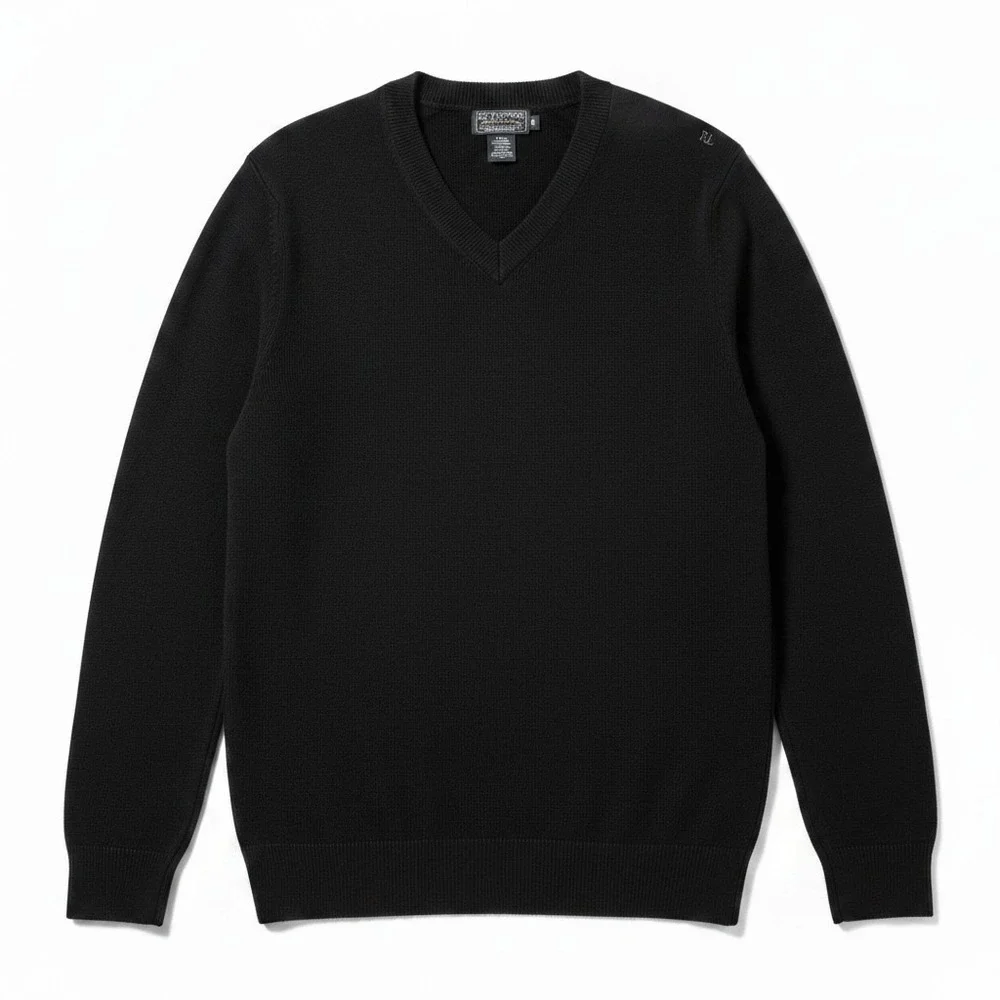 Polo Jeans Co Ralph Lauren V-Neck Sweater M Black Cotton Knit Preppy Minimalist
